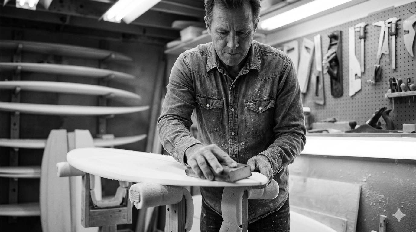 Shaper sanding a surfboard